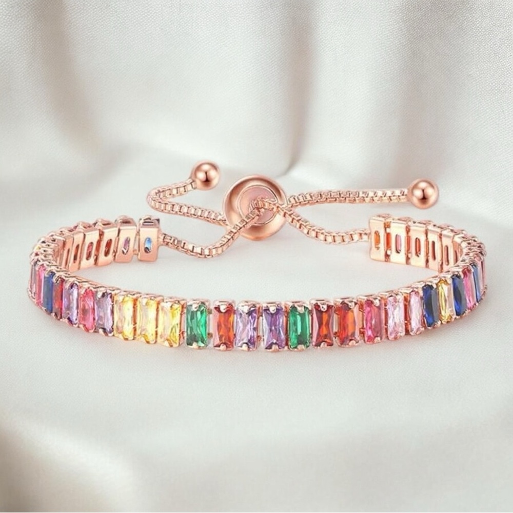 Multicolor Adjustable Tennis Bracelet. Gold w/adjustable slider-up to 10”! - Picture 1 of 14
